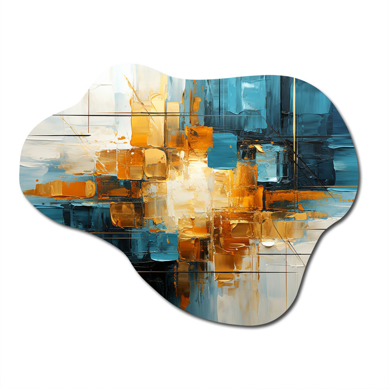 Gold Teal Abstract Fractal Collage Reflections II - Cloud Fractals Metal Wall Art, Asymmetrical Metal Wall Sculpture Print