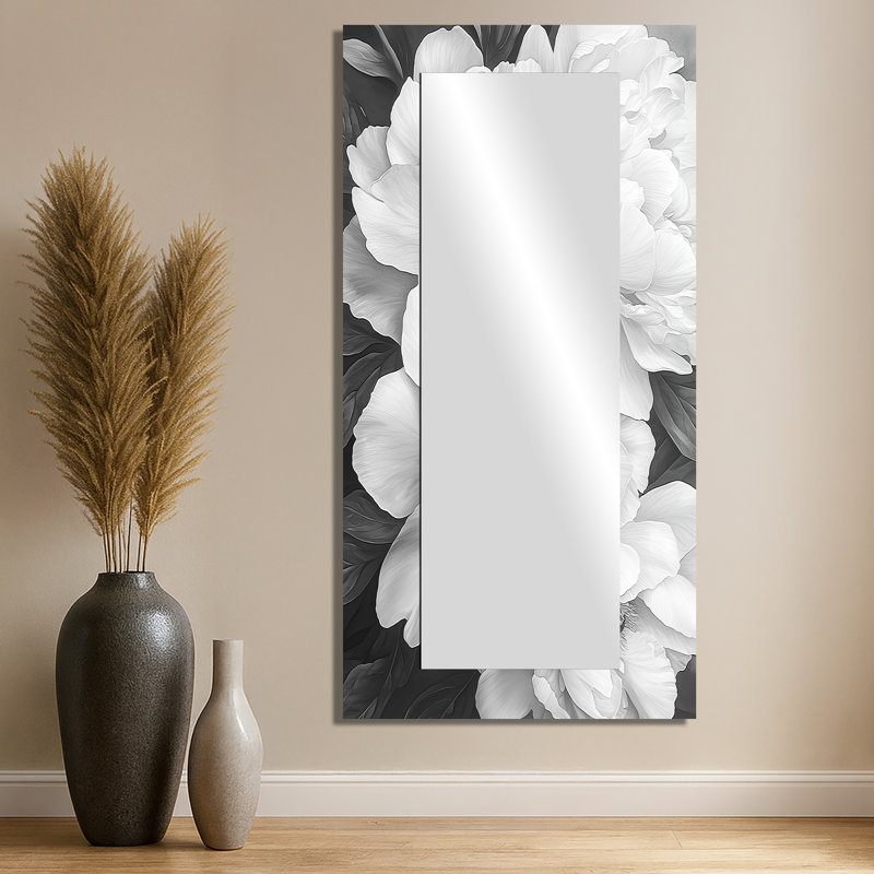 Peonies In Classic Grey II - Floral Accent Wall Mirror - Printed On Metal, 28" x 55"