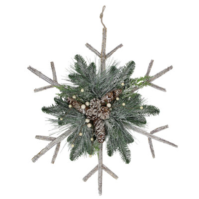 24" Green and Winter White Frosted Mixed Pine Twig Snowflake Christmas Ornament