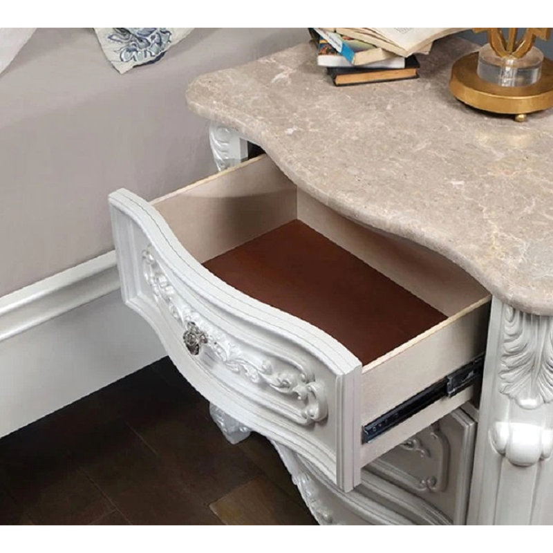 Table de chevet traditionnelle avec 2 tiroirs, table de chevet en bois massif et marbre blanc perle véritable pour chambre à coucher