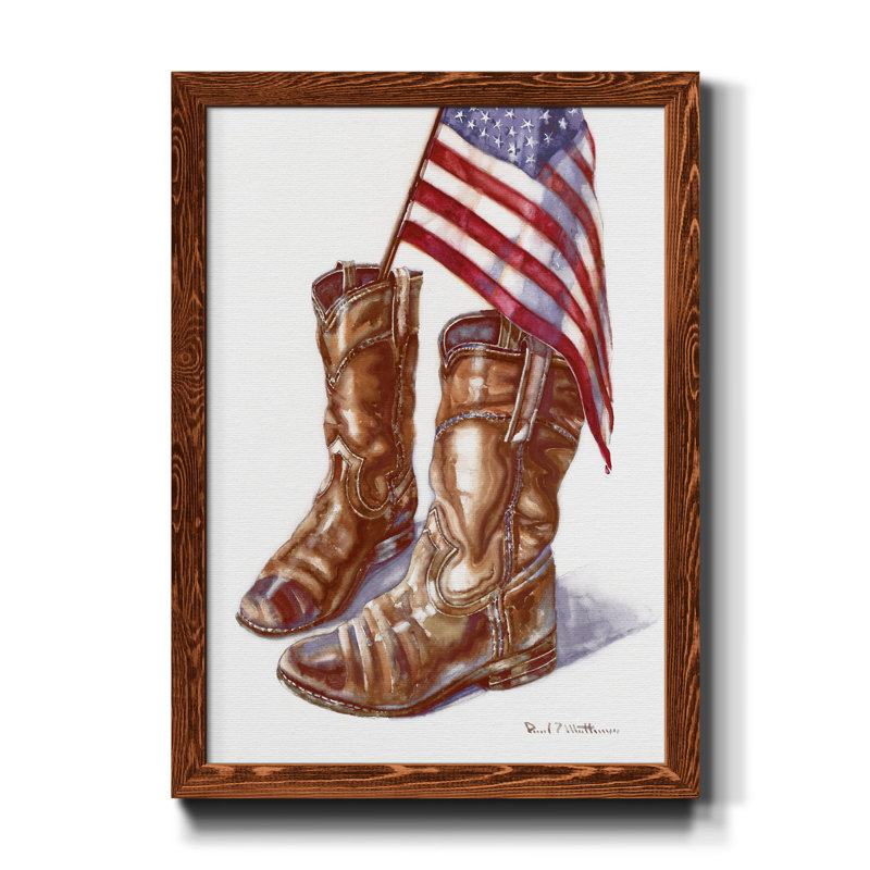 Cowboy bottes I - cadre photo, reproduction d'art sur toile, H 44 po x l 31 po x P 1 po, Toile avec cadre érable