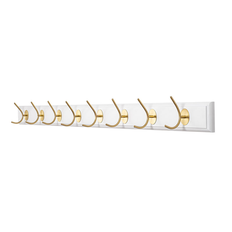 Crochet mural élégant en bois Blanchett, blanc et or, 39,4 x 2,8 x 3,1 pouces | Crochet 100% laiton, structure en bois de 0,8 po d'épaisseur | Conception moderne et innovante pour le vestibule, solution de rangement élégante et fonctionnelle