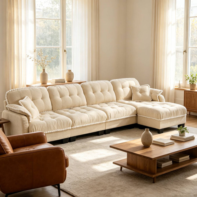 Canapé modulaire en L capitonné en L avec 1 repose-pieds mobile, Beige