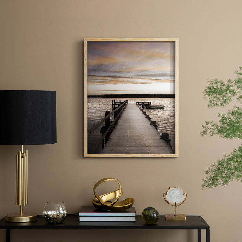 Coucher de soleil sur une jetée, reproduction encadrée - bois massif, Naturel, H 21 po x l 17 po