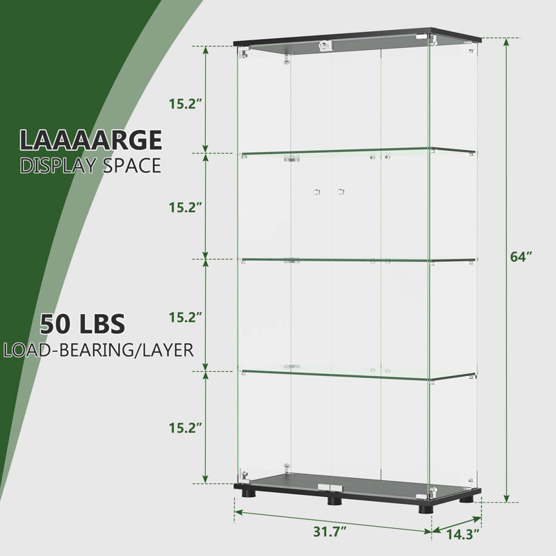 Vitrine en verre avec portes doubles à 4 tablettes et serrure