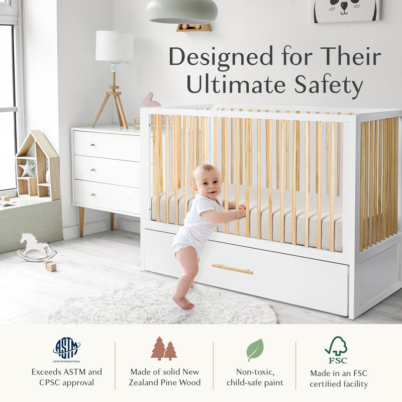 HushCrib 3-in-1 Convertible Crib with Trundle, Toddler Bed, Daybed, White / Natural