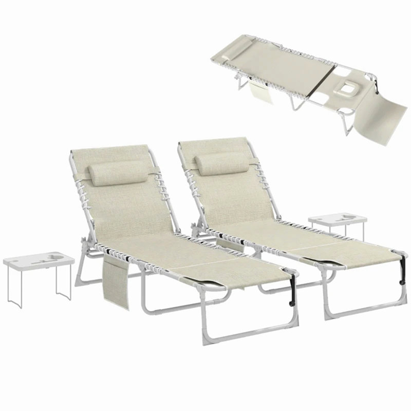 Chaise longue de patio pliante, ensemble de 2 chaises de bronzage avec trou pour le visage et table d'appoint