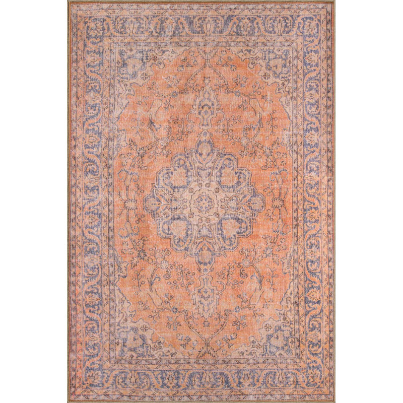 Tapis orange clair lavable à thème traditionnel, Tapis de couloir 3 pi 3 po x 6 pi 7 po inclus