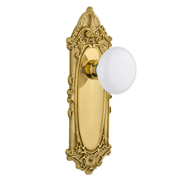 Plaque victorienne avec bouton de porte en porcelaine blanche, Laiton non laqué, 2 3/4 po