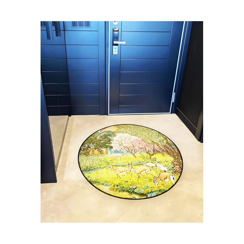 Green Deer And Forest Patterned Round Woven Base Vintage Decorative Carpet, Round 2'8"