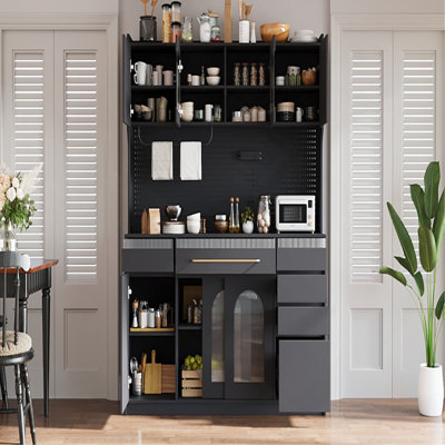 63'' W Buffet with Hutch, Large Coffee Bar Storage Cabinet with 6 Drawers, 5 Cabinets with Adjustable Shelves,Pegboard,Towel Rack, Power Outlet