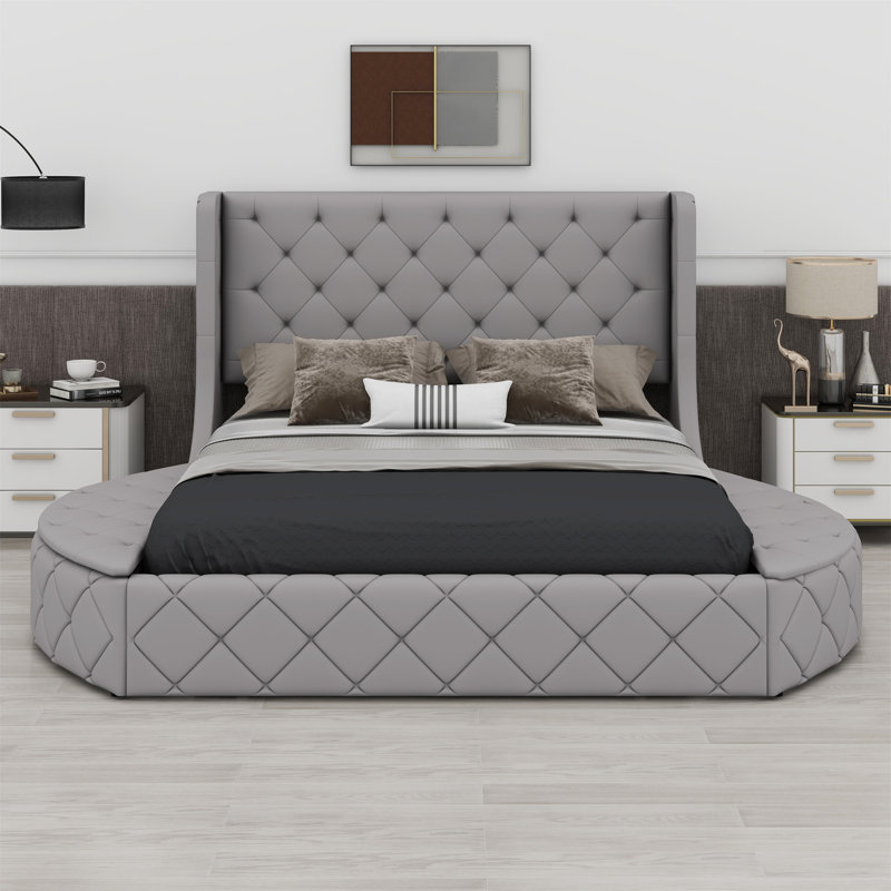 Lit plateforme tapissier avec tête de lit à oreilles, grand tiroir et 2 tabourets de rangement latéraux, Gris