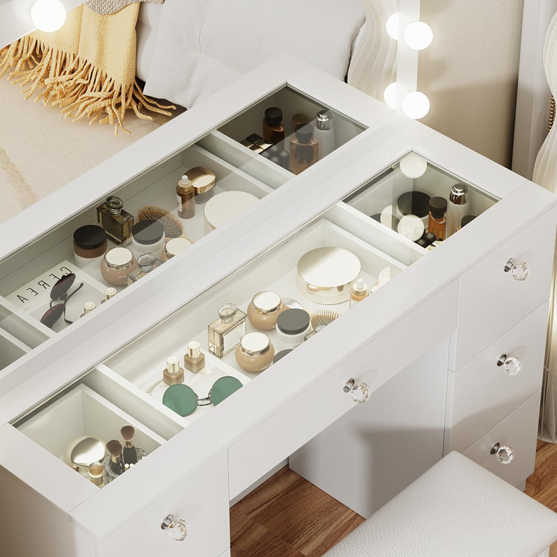 Meuble-lavabo de 44 po avec plateau en verre, 7 tiroirs et prise de courant, 3 modes d'éclairage de couleur à luminosité réglable 