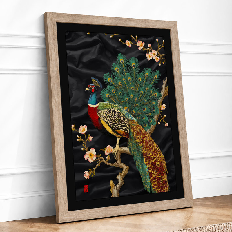 Ornamental Peacock Display Maximalist - Framed Print, A4 - 29.7 x 21.0 cm, Oak