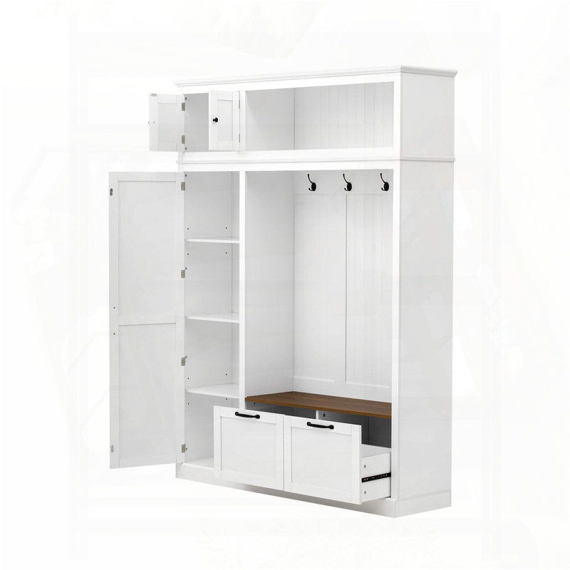 3-in-1 Hall Tree with Overhead Storage and Adjustable Shelves (White), White