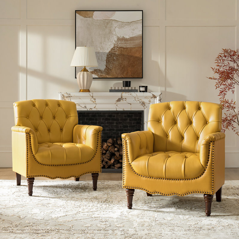 Orme 32" W Tufted Genuine Leather Armchair, Yellow