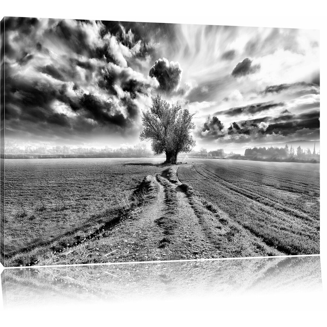 Leinwandbild Pinkes Feld mit pinkem Baum in Monochrom