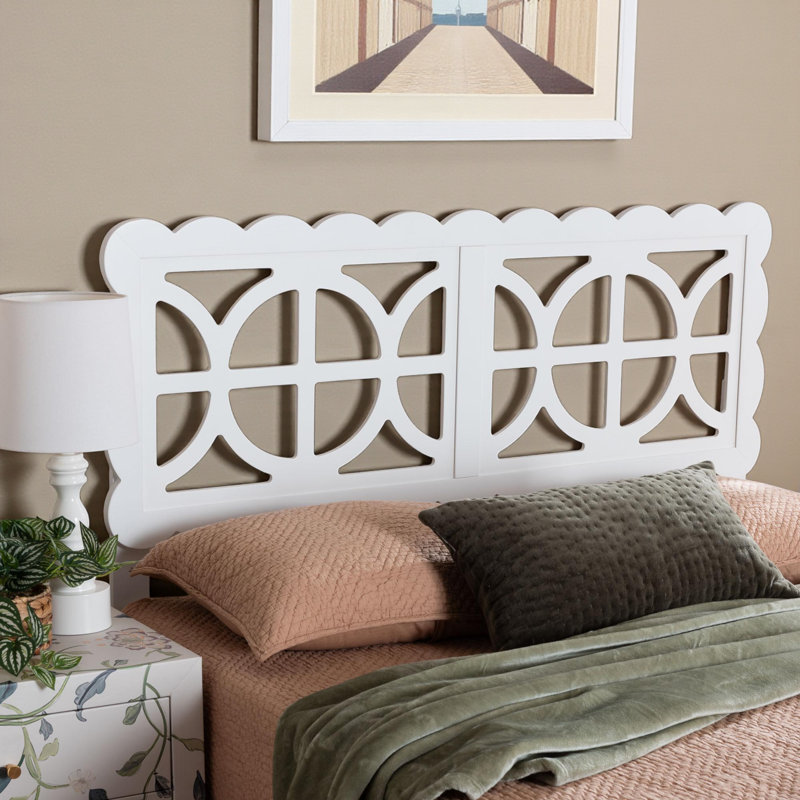Bryn Full Size Wood Headboard with Scalloped Frame in Geometric Cutout Decorative Panel in White, Full, White