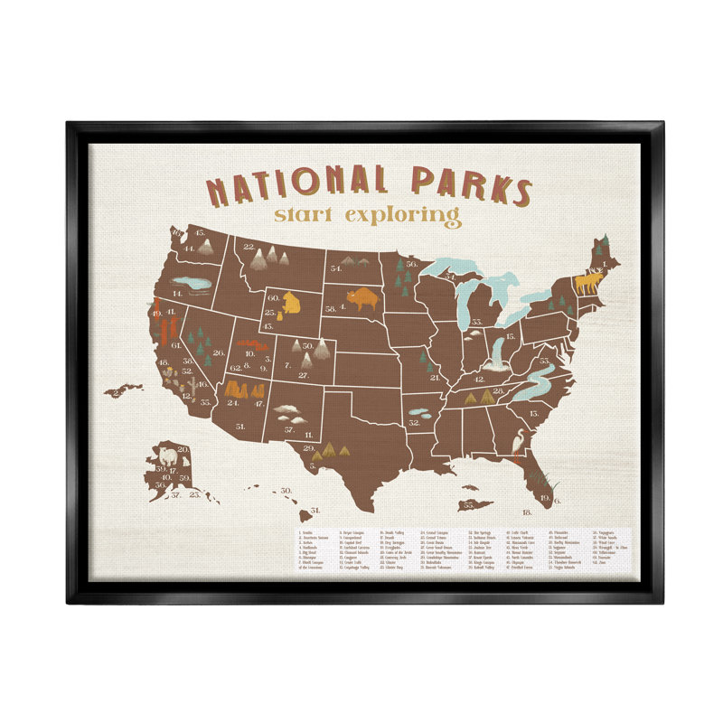 «Start Exploration National Parks Map United States», art mural sur toile par Daphne Polselli, H 17 po x l 21 po x P 1,7 po