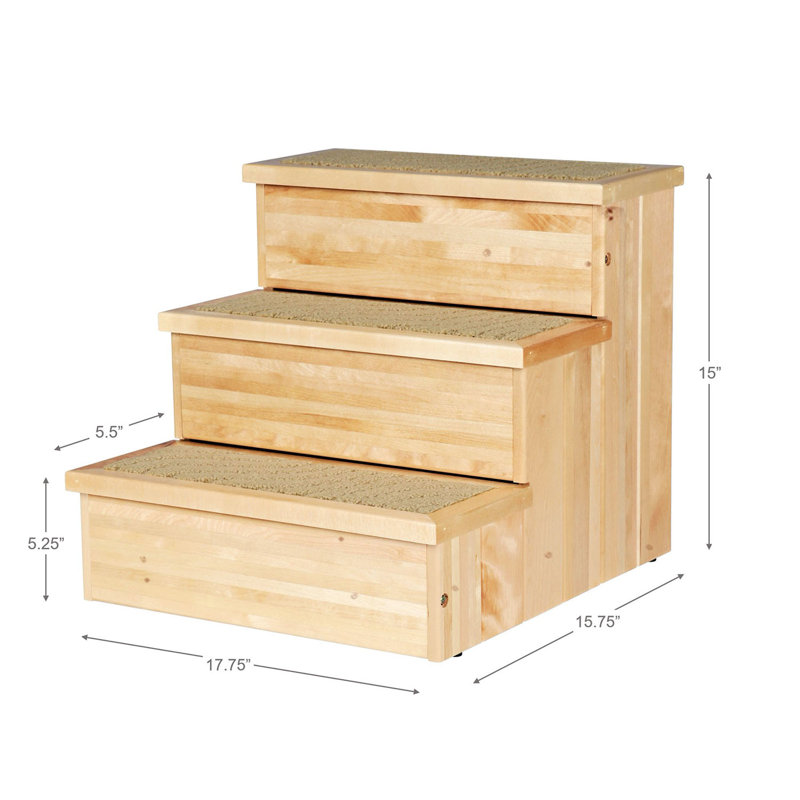 Natural Birch 3-Step Wooden Pet Stairs with Carpeted Steps