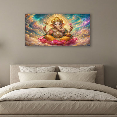 Canvas Wall Art Ganesh Lotus Dreamlike Jewel Tones Wall Decor for Living Room Bathroom Bedroom Office 20"H x 40"W Art Paintings, Ready to Hang