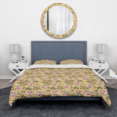 Floral And Birds in Yellow background - Floral Duvet Cover Set - Microfiber Polyester