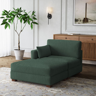 Bentura Oversized Upholstered Hunter Green Corduroy Modular Chaise Lounge with Armrests & Throw Pillows