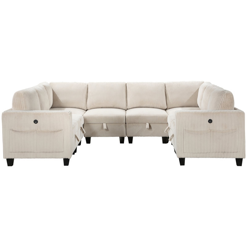 Beige Corduroy 8 Sectional With Storage, Charging Ports, Side Pockets & Solid Wood Construction Couch Storage Seats, Pockets, Ports In