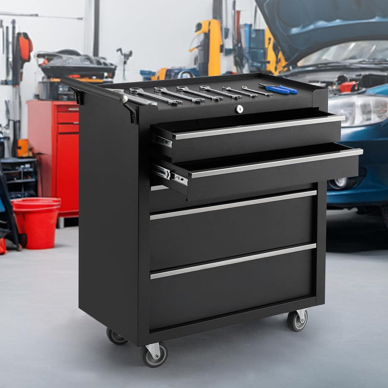 Coffre à outils à 5 tiroirs avec roulettes et système de verrouillage, armoire de rangement portable pour outils