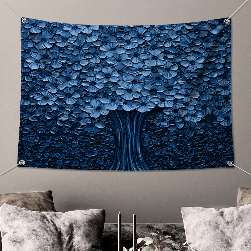 Tapisserie murale «Blue Flower Tree» - décoration murale florale, H 50 po x l 60 po avec 4 œillets