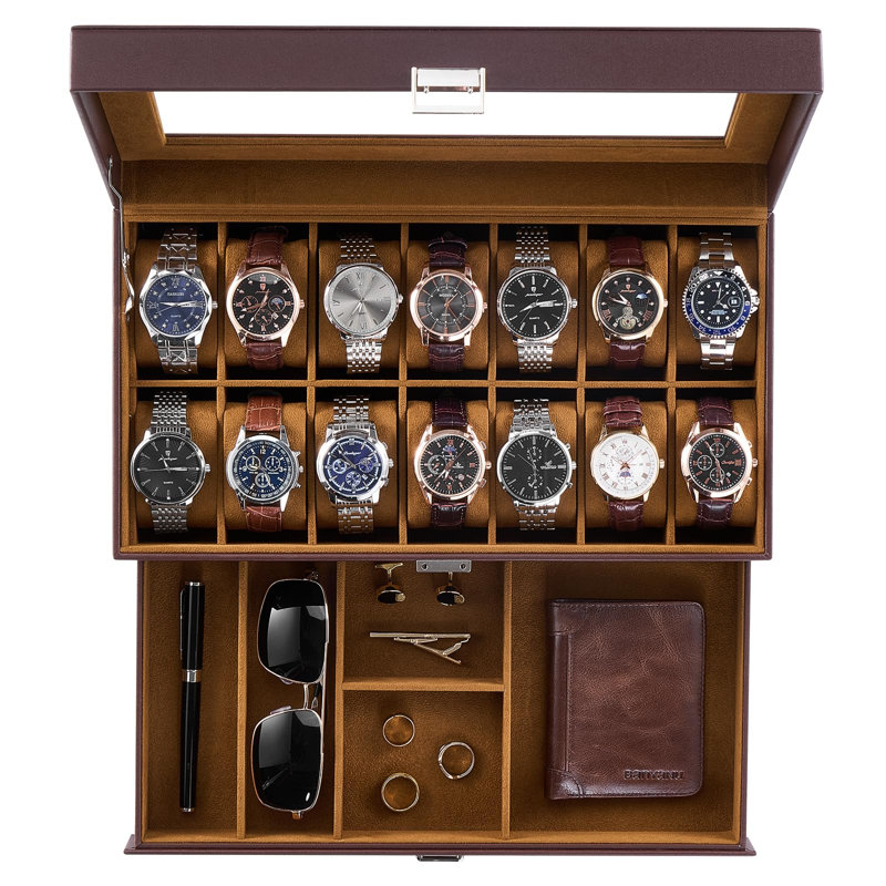Boîte à montre avec couvercle en verre et tiroir, support de rangement pour bijoux à 2 couches à 14 fentes, 14 Slots