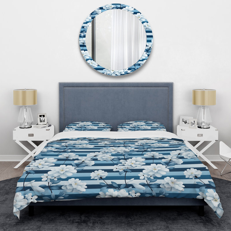Nautical Allure Flowers Striped Pattern - Ensemble de housse de couette rayé