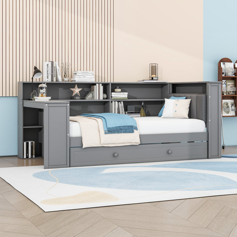 Twin Wood Daybed with Trundle and Built-in Desk, Gray