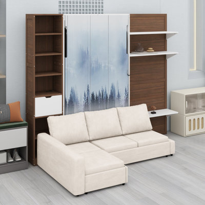 Lit escamotable avec rangement et façade de canapé, idéal pour économiser de l'espace dans les appartements et les studios.