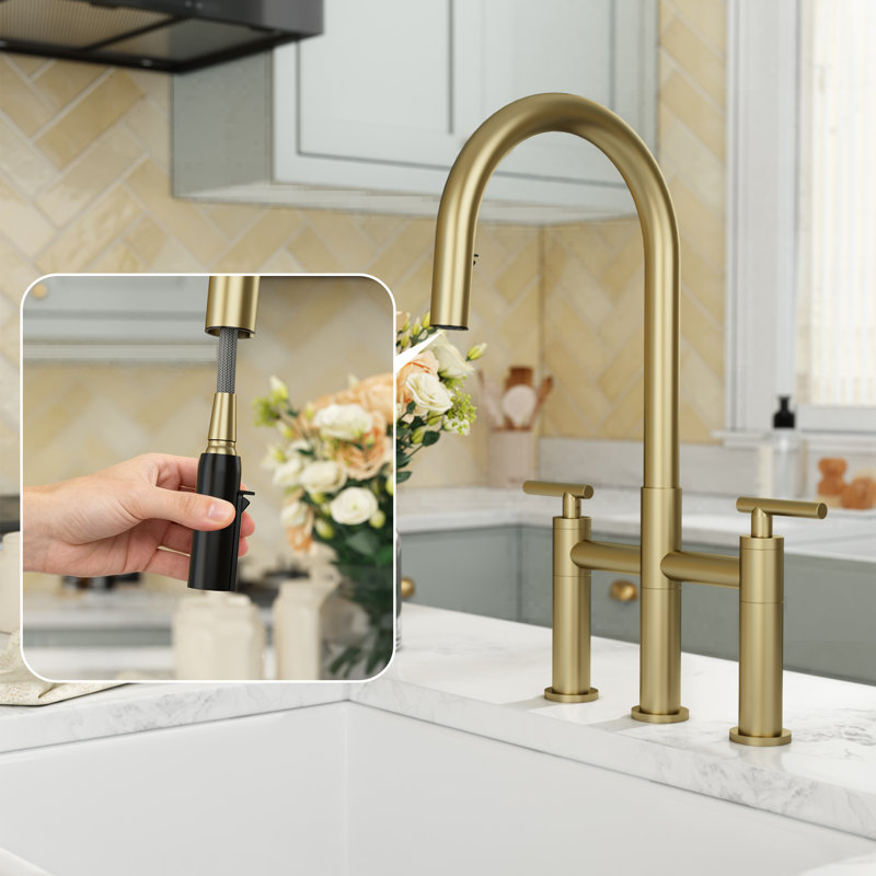 Bridge Kitchen Faucet with Hidden Pull Down Sprayer, 2 Handle 3 hole Widespread Kitchen Sink Faucet, Gold