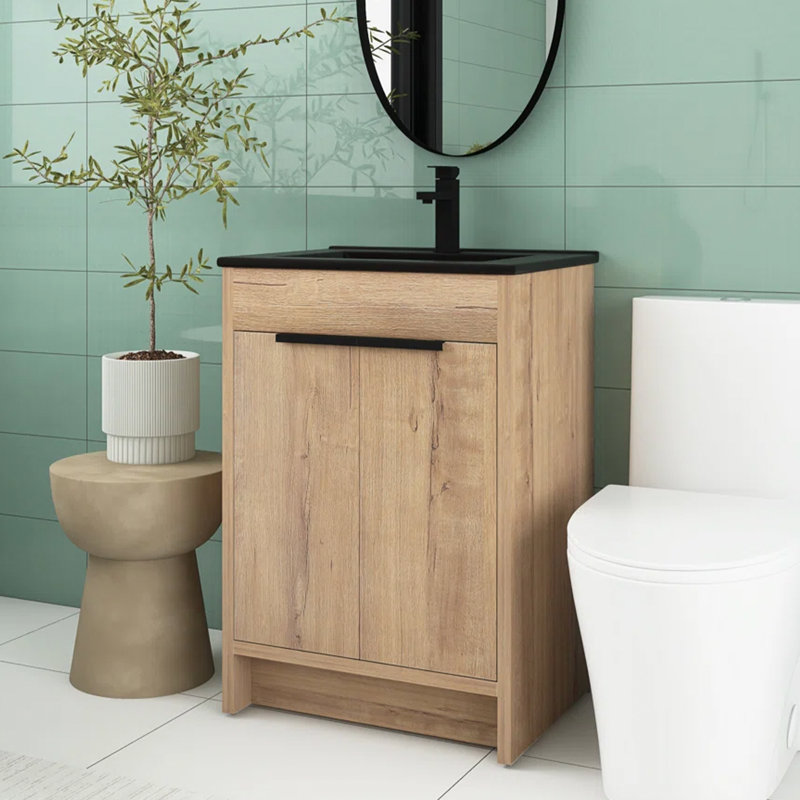 Meuble-lavabo simple autoportant 24 po avec plateau en céramique 24 po, Imitation chêne