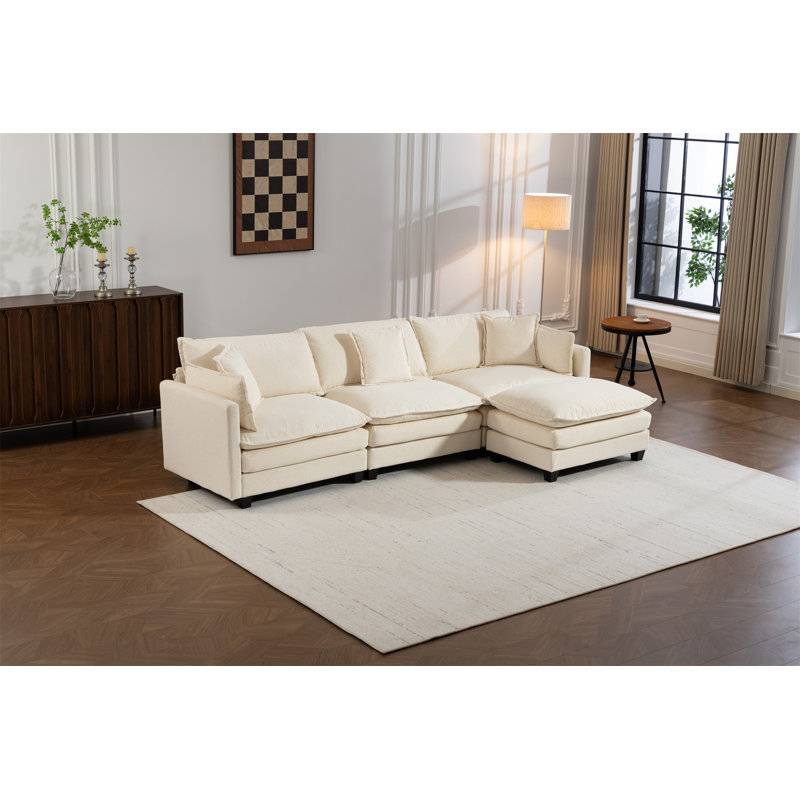 Canapé modulaire moderne à 3 sièges avec repose-pieds de 114,17 po, Chenille blanc antique