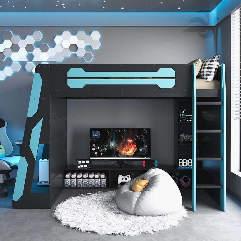 Lit mezzanine simple en bois avec bureau, tablettes multiples et lumière RVB, bleu nuage, Bleu