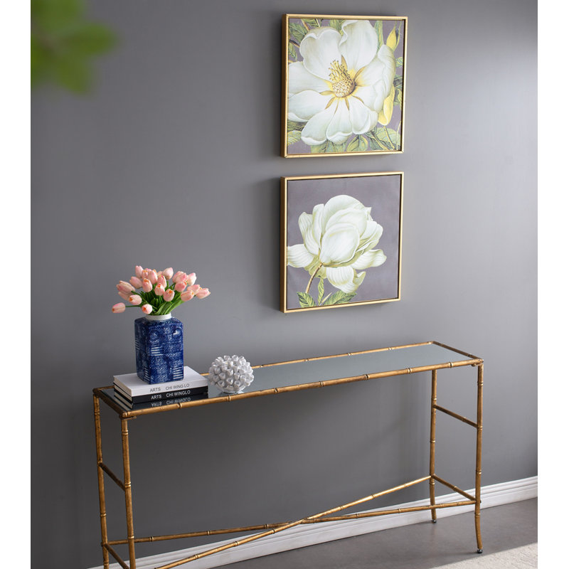Console 56,5 x 14 x 30 po or antique, plateau en miroir