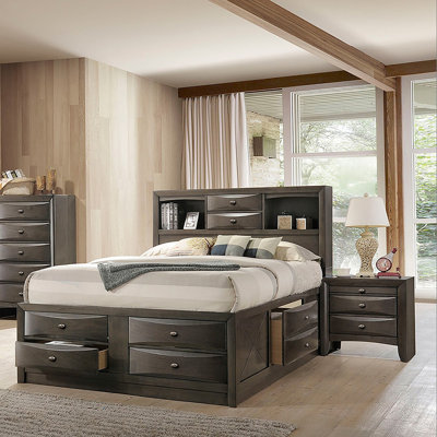 Contemporary Queen Size Bed 2x Nightstands Headboard Bookcase Gray Color 3pc Set Bedroom Furniture