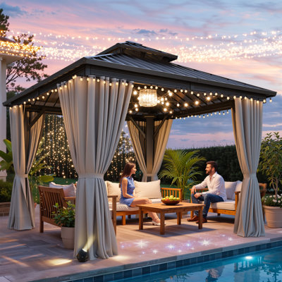 Outdoor Aluminum Hardtop Patio Gazebo with Curtain and Netting
