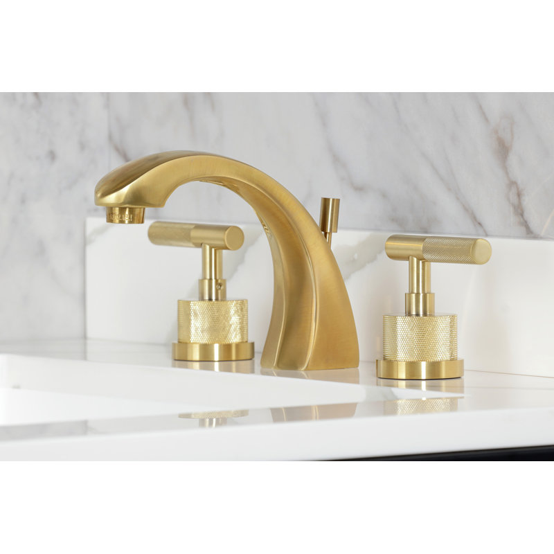 Kingston Brass Convergent Two-Handle 3-Hole Deck Mount Widespread Bathroom Faucet with Knurled Handle and Brass Pop-Up Drain
