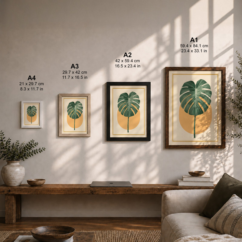 Monstera and Sun Botanical - Framed Print, A2 - 59.4 x 42.0 cm, White