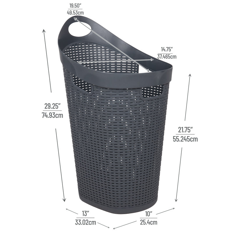  60L Rolling Laundry Hamper, Clothes Basket, Wheels, Wicker Style, Plastic, 19.5"L x 14.75"W x 29.25"H, Gray