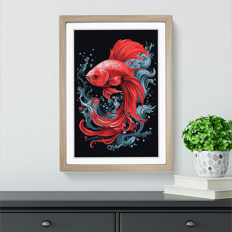 Siamese Fighting Fish Line - Framed Print, 34cm H x 25cm W x 2cm D, Oak 