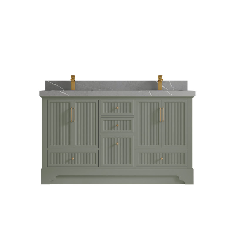 Meuble-lavabo double autoportant 60 po avec plateau en quartz Alys (option boutons)