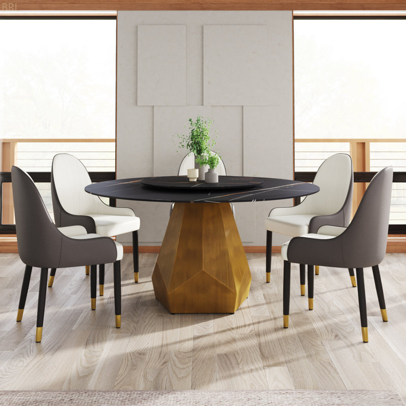 Table de salle à manger ronde en marbre avec base en métal, marbre artificiel, Noir, 29.53"H x 59.05"L x 59.05"W