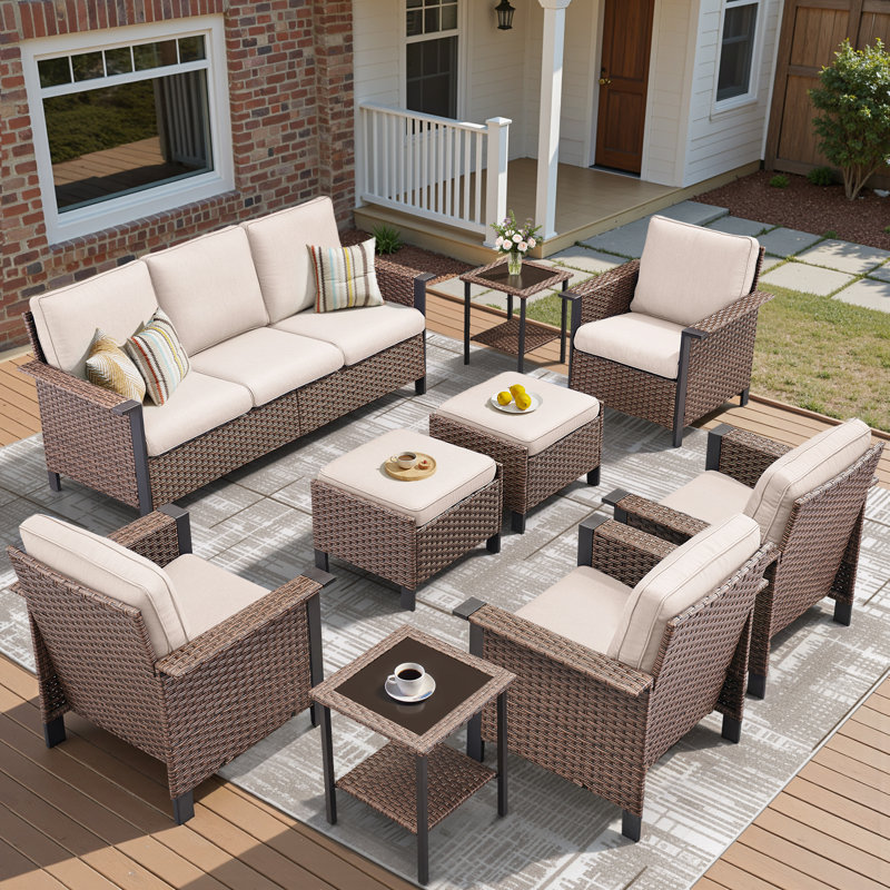 Coady 9 - Pieces Outdoor Courtyard Wicker Family Conversation Set Group With 4 Armchairs, Beige, Brown