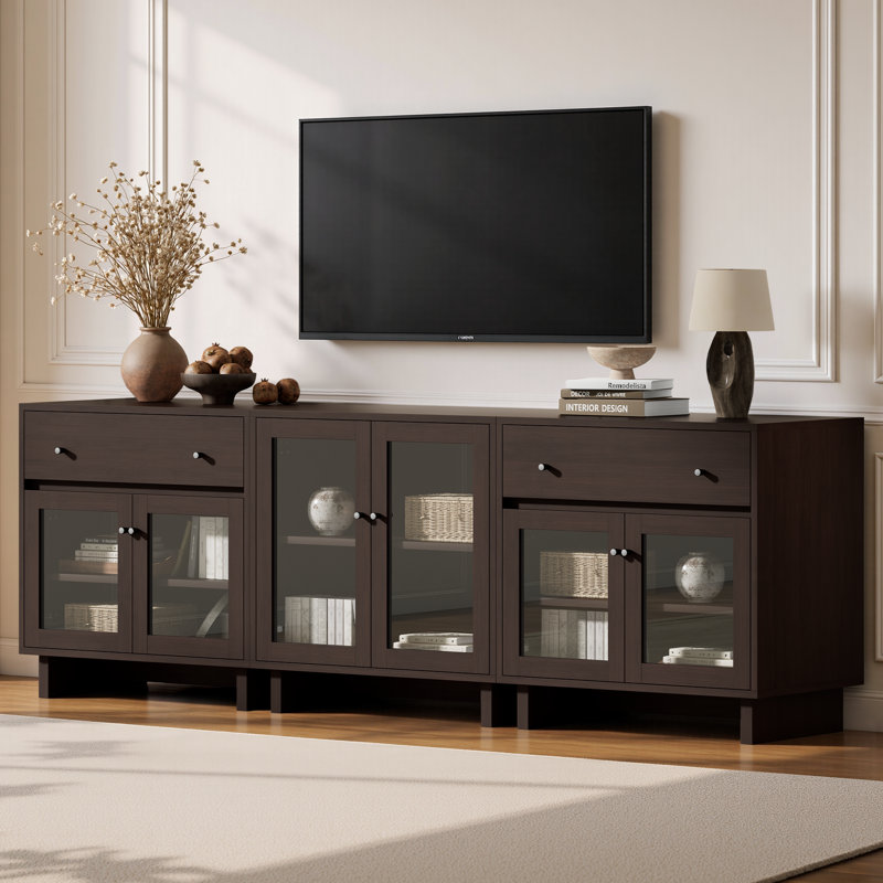Ensemble de rangement modulaire Almaguer 3 pièces avec 2 tiroirs, 6 portes vitrées, étagères réglables et fini grain de bois, noyer brun