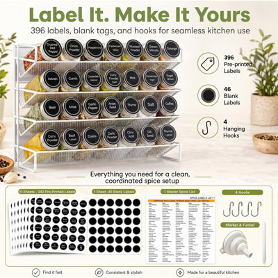 Spice Rack Organizer for Cabinet with 28 Spice Jars, 386 Spice Labels, Magnetic Spice Rack for Refrigerator, Seasoning Organizer, (White)